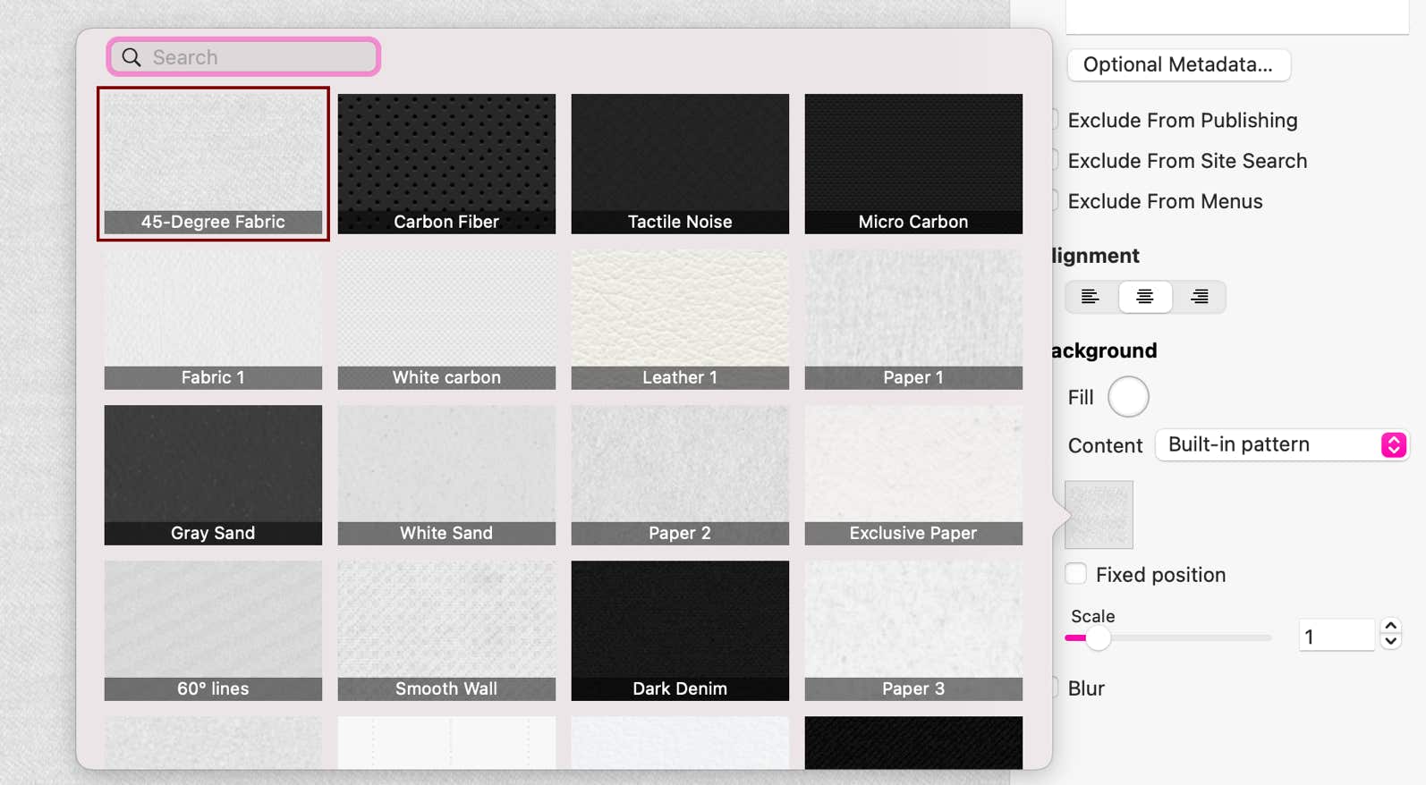 The Sparkle page background pattern picker